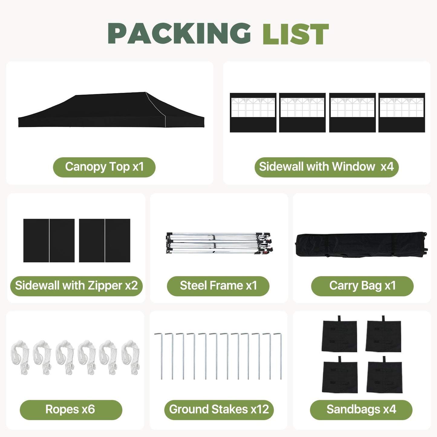 Clouddwell 10'x20' Pop Up Canopy Tent with 6 Removable Sidewalls, Adjustable Height Instant Outdoor Canopy, Portable Sun Shade Shelter with 4 Sandbags, Easy Setup for Parties, Camping, Events, Black