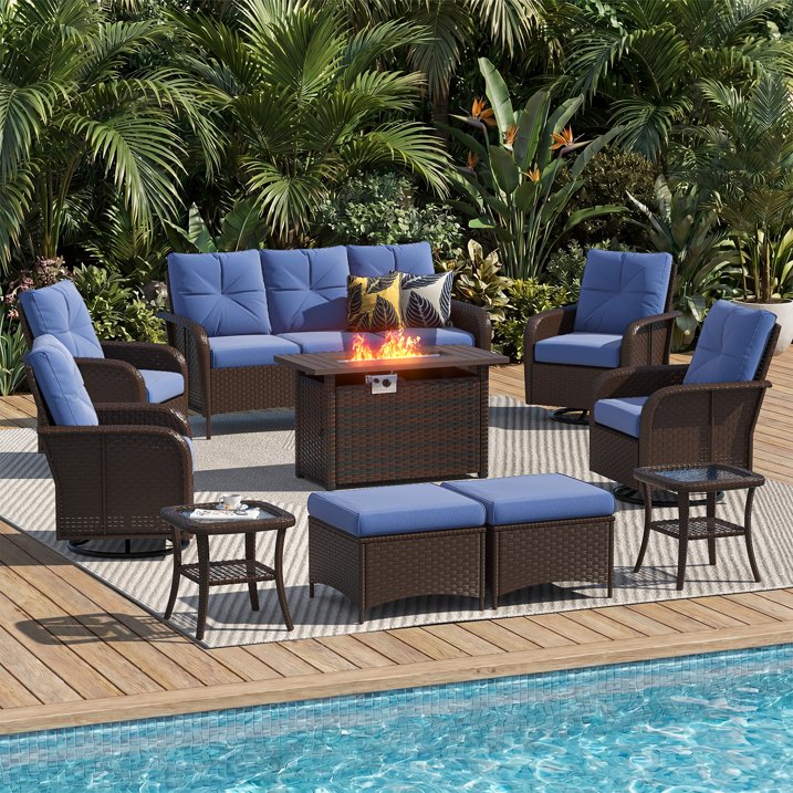 Sunmthink 10-Piece Patio Furniture Set, High Back Swivel Rocker Chairs with Thick Cushions, Wicker Rattan Outdoor Sectional Sofa with Fire Pit & Ottoman, Blue