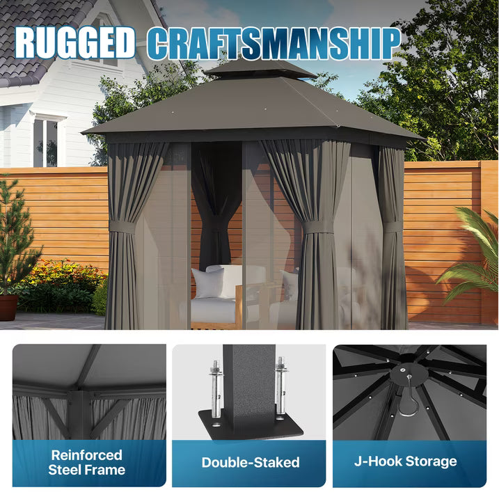 Sunmthink Outdoor Gazebo for Patio 8'x8', Metal Frame Canopy with Double Roofs, Heavy Duty Party Tent and Shelter with Mosquito Netting and Privacy Screen for Backyard,Garden,Deck (Gray)
