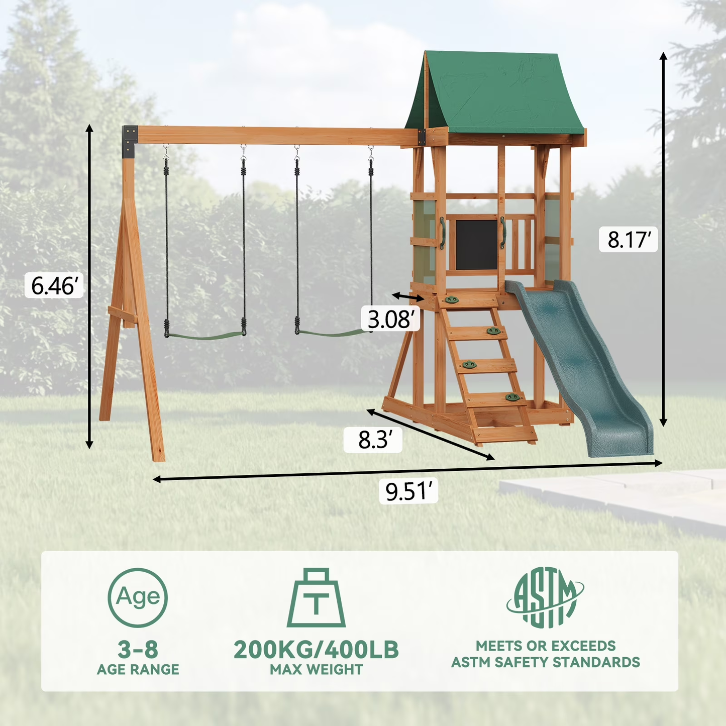 Clouddwell Wooden Swing Set for Backyard Playground Swingset with Slide Kid Outdoor Play Set with Play Deck, Rock Wall Ladder, Belt Swings, Chalkboard