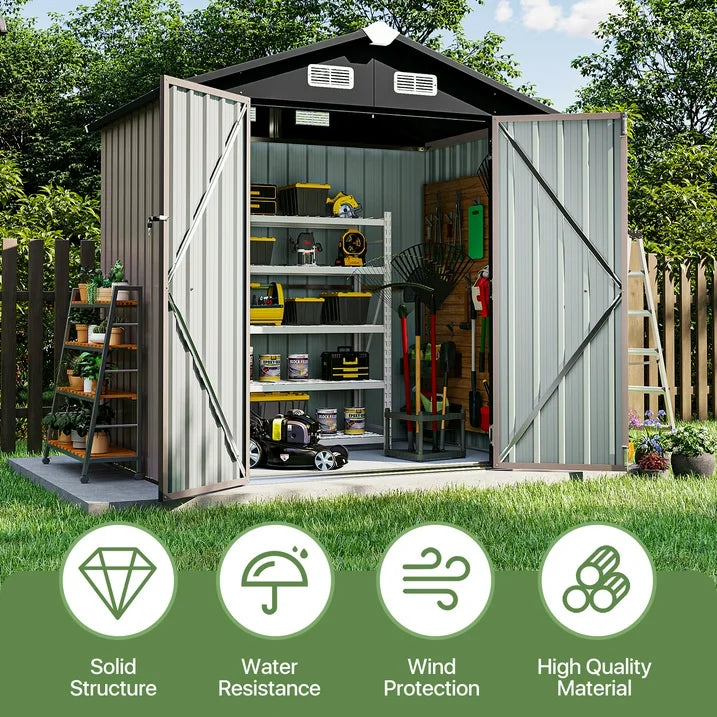 Sunmthink 6X4FT Outdoor Storage Shed with Plastic Floor, Metal Tool Shed with Lockable Door and Vents, Patio Shed for Garden, Backyard, Poolside, Brown