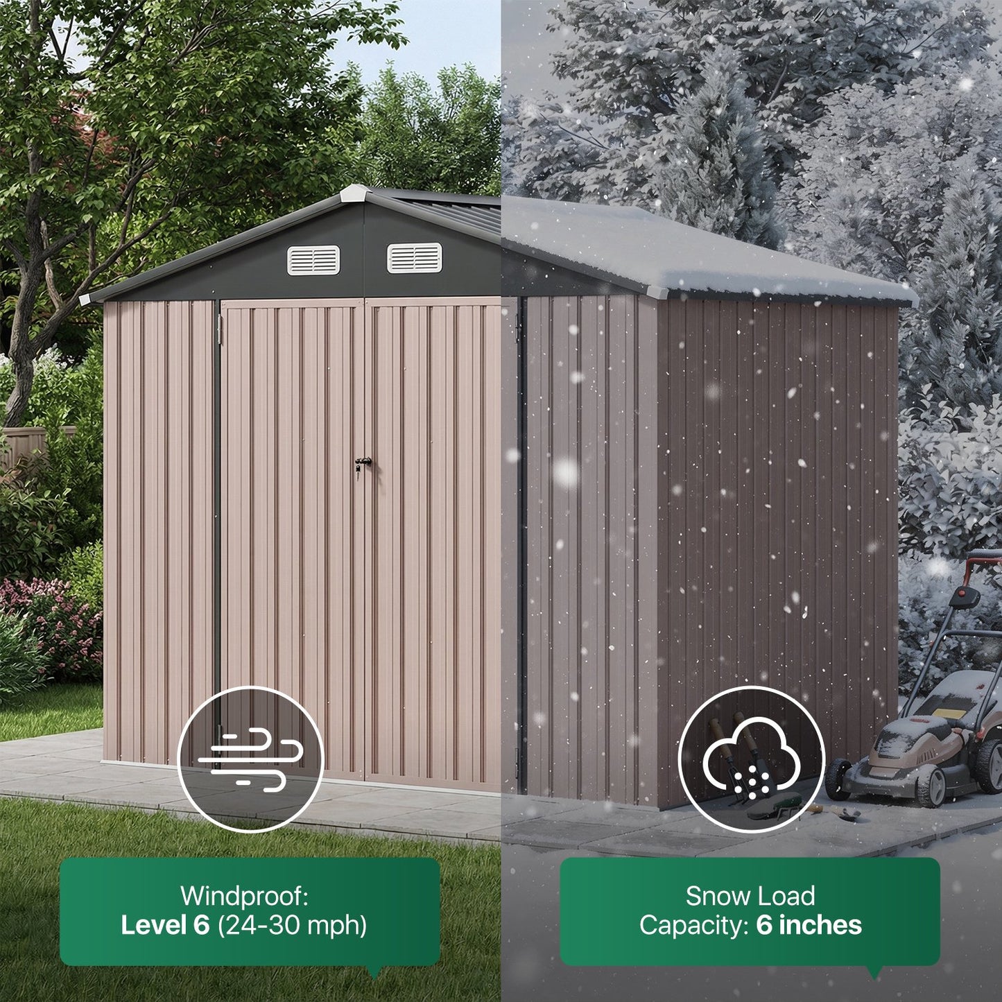 Clouddwell 8 x 6 FT Shed Outdoor Storage Shed with Double Hinged Large Door, Large Metal Shed with Lockable Door & Sloped Roof for Garden, Patio and Backyard, Brown