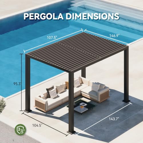 Sunmthink 9' x 12' Motorized Louvered Patio Pergola with Dual Adjustable Roof Panels, Built-In LED Lighting, Ceiling Fan & Outdoor Power Outlet, All-Weather Frame