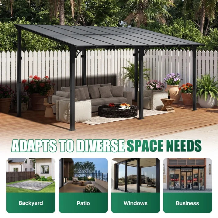Clouddwell 16'x 10' Wall-Mounted Gazebo Pergola with Aluminum Top Frame & Polycarbonate Panel, Large Heavy-Duty Awnings for Backyard Black
