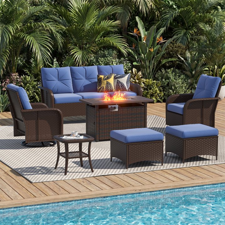 Sunmthink 7-Piece Patio Furniture Set, High Back Swivel Rocker Chairs with Thick Cushions, Wicker Rattan Outdoor Sectional Sofa with Fire Pit & Ottoman, Blue