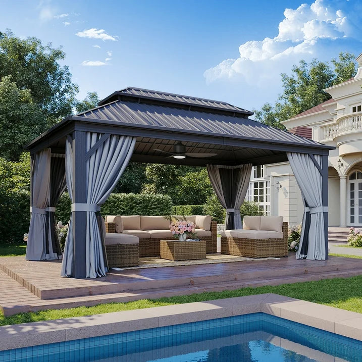 Sumnthink 12'x16' Hardtop Gazebo, Steel Double Galvanized Top Canopy, Aluminum Frame Permanent Pavilion Metal Gazebo with Netting and Curtains, for Patio, Garden, Lawn