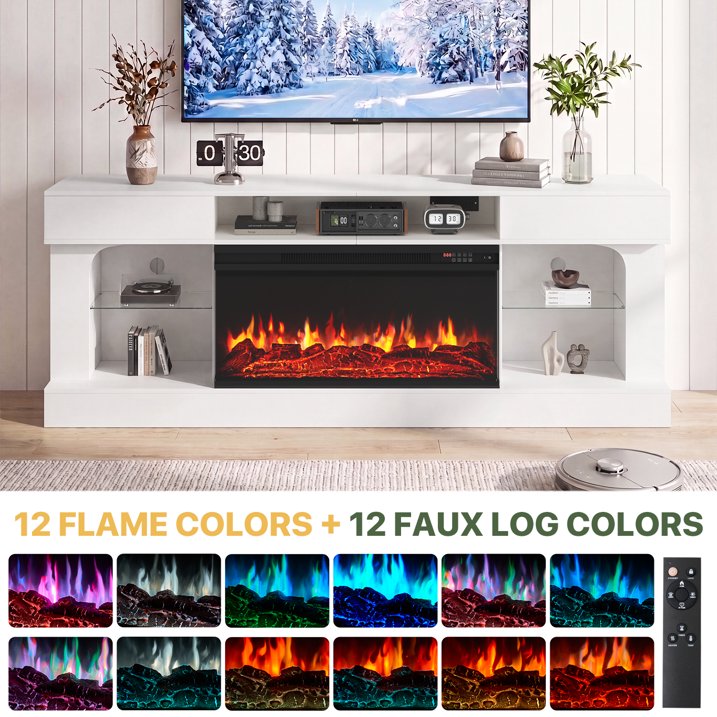 Sonegra 80 Inch Fireplace TV Stand, 3‑Sided Glass Electric Fireplace Media Console Fits Up to 90" TV, Entertainment Center with Shelves & Spacious Storage, LED Flame TV Cabinet for Living Room, White