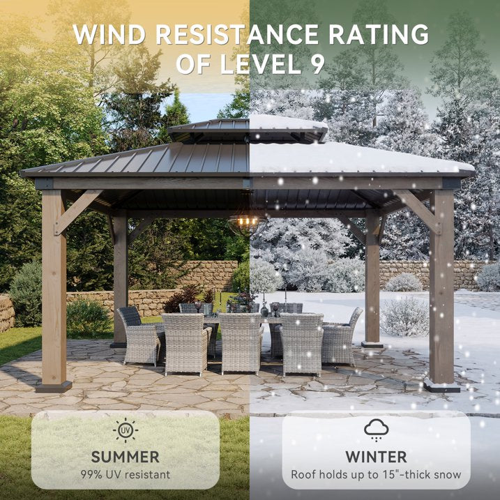 Aoxun 12' x 14' Outdoor Wood Gazebo, Hardtop Gazebo Permanent Wooden Pavilion with Galvanized Steel Double Roof, for Patio, Garden, Deck, Cedar Wood
