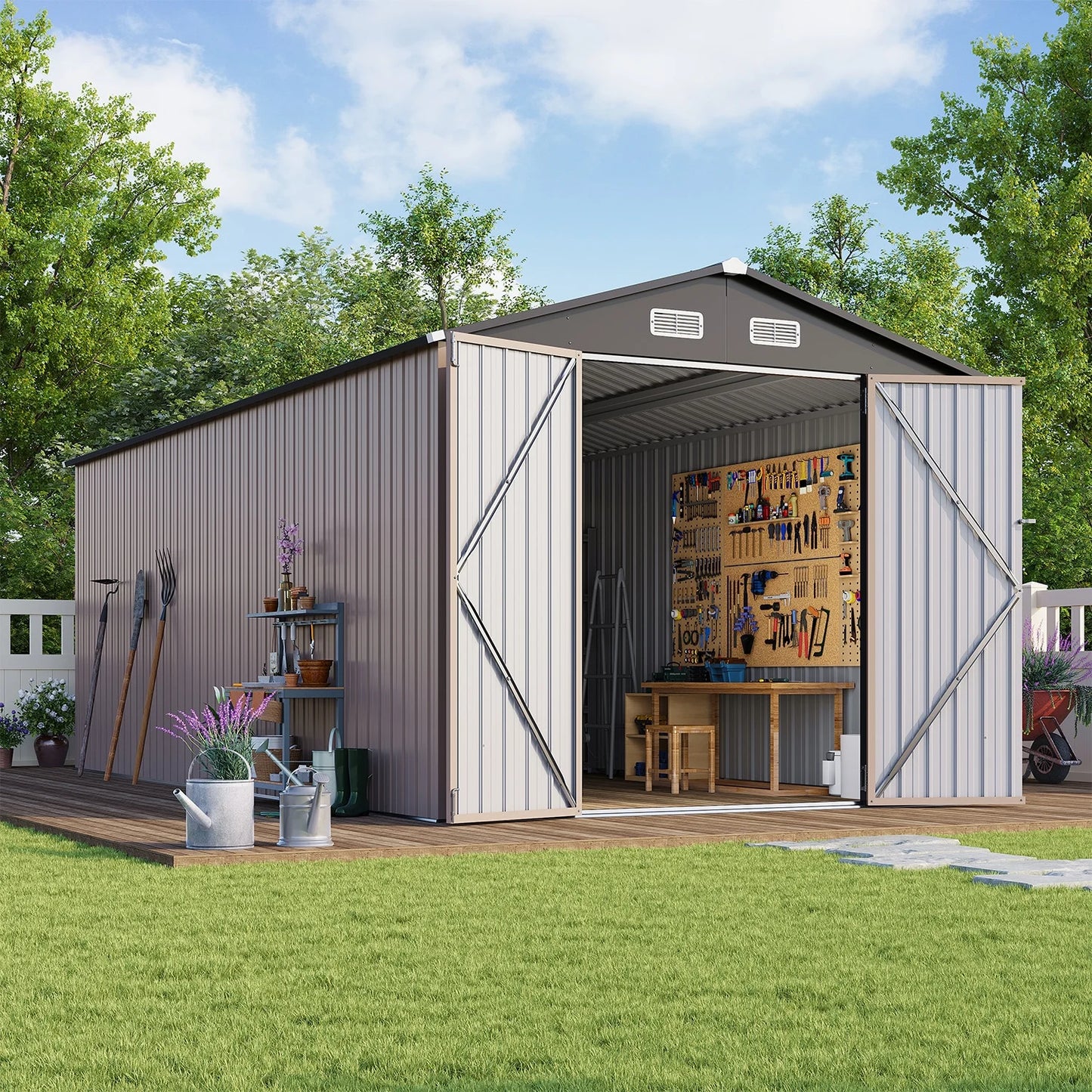 Clouddwell 8 x 15FT Shed Outdoor Storage Shed with Double Hinged Large Door, Large Metal Shed with Lockable Door & Sloped Roof for Garden, Backyard, Patio and Backyard, Brown