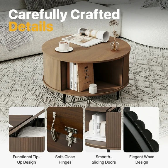 Sonegra Mid-Century Modern Round Coffee Table - Walnut Wood with Sliding Door Storage for Living Room