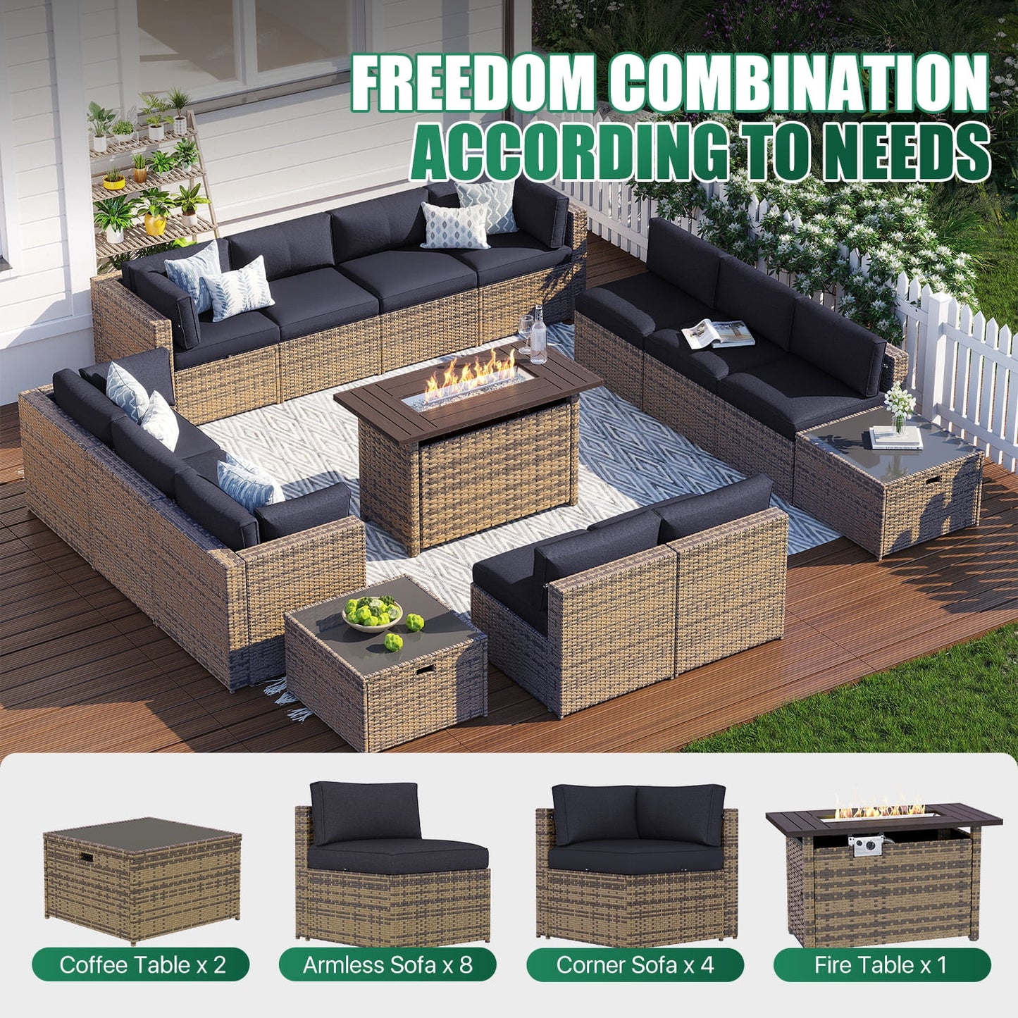 Clouddwell 15 Piece Patio Furniture Set with 44” Fire Pit Table Wicker Rattan Patio Conversation Set Outdoor Sectional Sofa Set with Coffee Table and Black Cushions(Waterproof Cover Included)