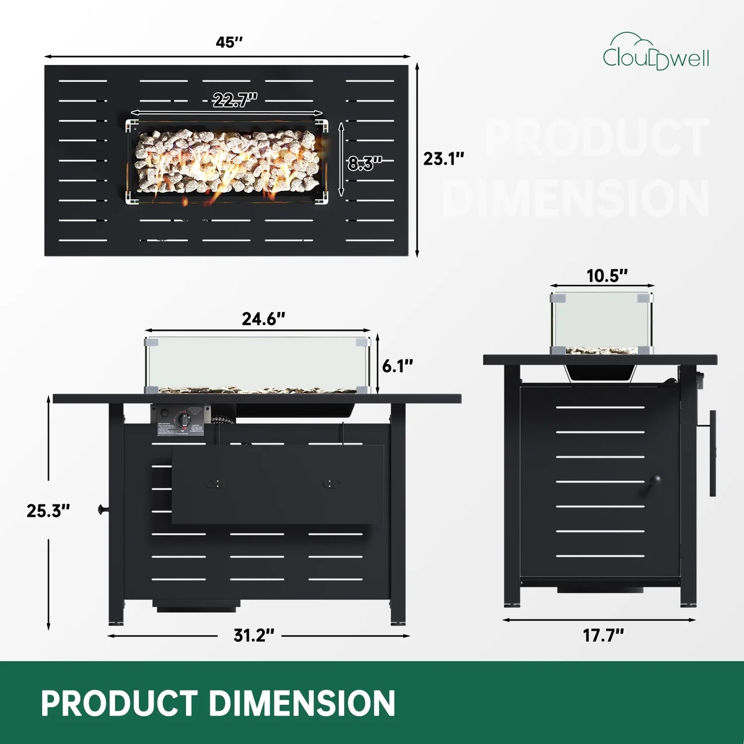 Clouddwell 45" Propane Fire Pit Table, 60,000 BTU Outdoor Patio Heater with Auto Ignition - Includes Glass Wind Guard, Removable Lid & Lava Rocks for Backyard, Deck, Garden (Black)