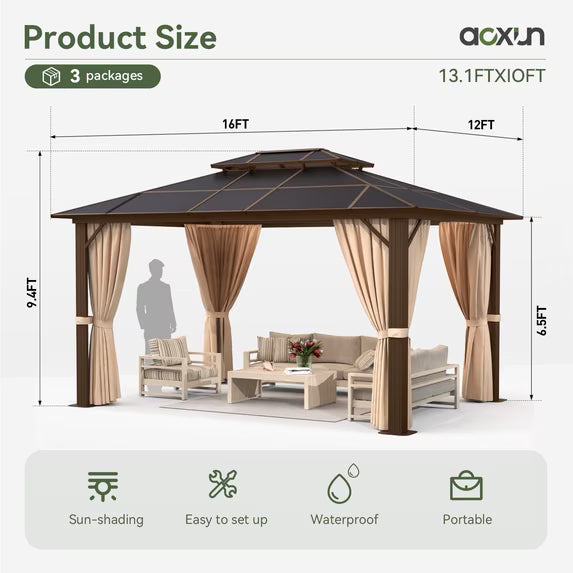 Aoxun 12 ft. x 16 ft. Hardtop Gazebo, Aluminum Frame Permanent Pavilion with Curtains and Netting, Outdoor Polycarbonate Double Roof Canopy, for Garden, Lawns, Patio