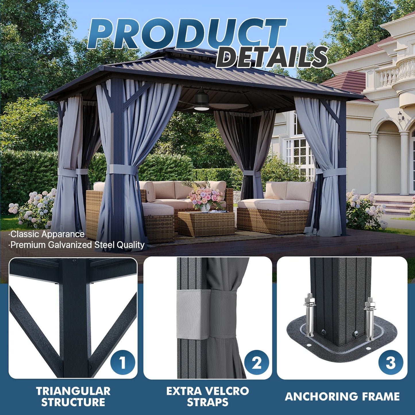 Sumnthink 10'x12' Hardtop Gazebo, Steel Double Galvanized Top Canopy, Aluminum Frame Permanent Pavilion Metal Gazebo with Netting and Curtains, for Patio, Garden, Lawn