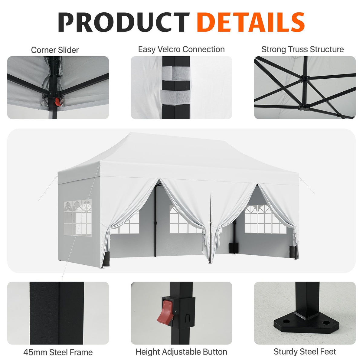Dateyes 10x20 FT Pop Up Canopy Tent with 45mm Heavy Duty Steel Frame & 6 Sidewalls, Waterproof Outdoor Canopy, 3-Level Adjustable Height, Instant Party Tent with Roller Bag, White