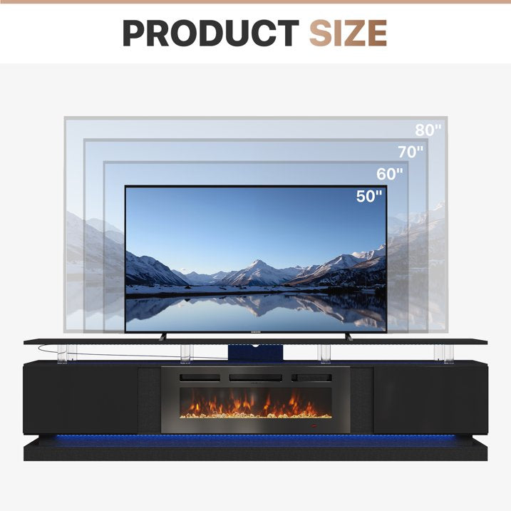 Sonegra Modern Fireplace TV Stand for TVs Up to 90" with Music Sync LED, 80" Entertainment Center with Electric Fireplace, TV Console with Storage Cabinets for Living Room, Black