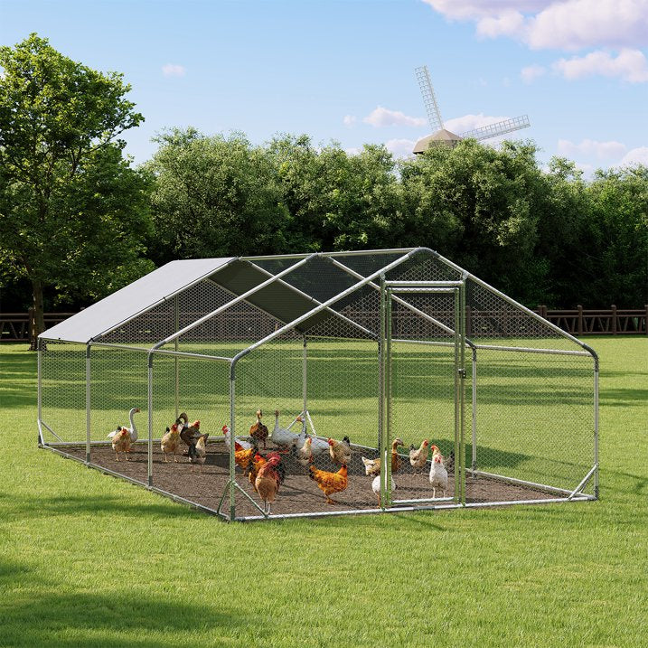 Clouddwell Large Metal Chicken Coop Duck House with Waterproof Spire Roof, Outdoor Poultry Walk-in Run Cage - 9.8' L x 19.7' W x 6.4' H