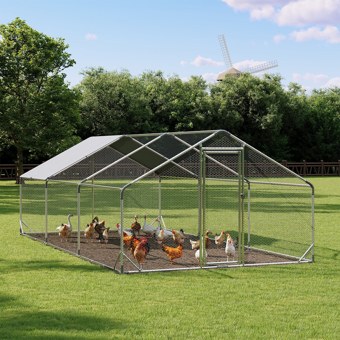 Clouddwell 193 Sq Ft Large Walk-In Chicken Coop with Waterproof Spire Roof - Heavy-Duty Metal Outdoor Poultry Run & Duck House for 15-20 Chickens