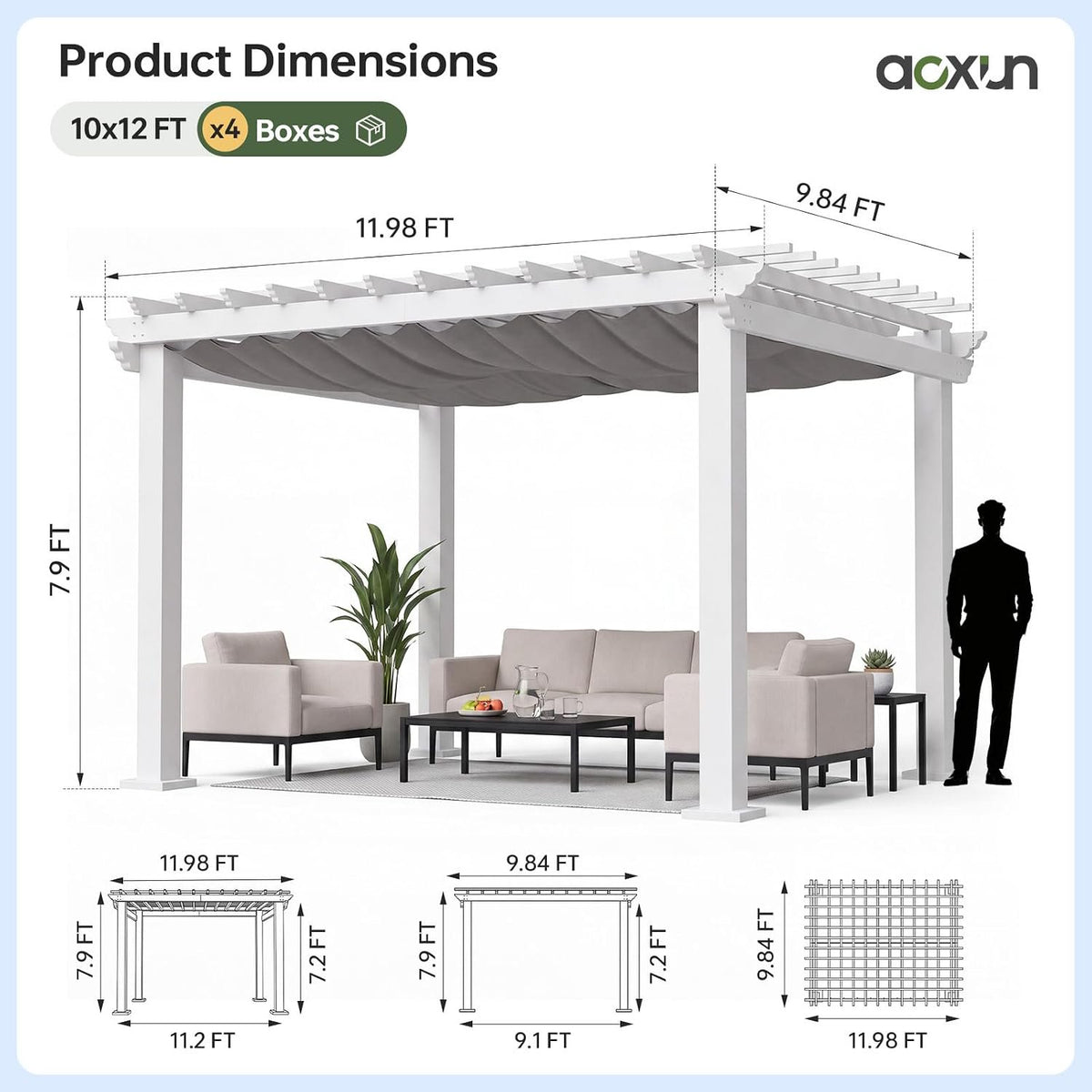 Sunmthink 12 ft x 10 ft Outdoor Patio Pergola with Lattice-Style Slatted Ceiling and Adjustable Shade Cover