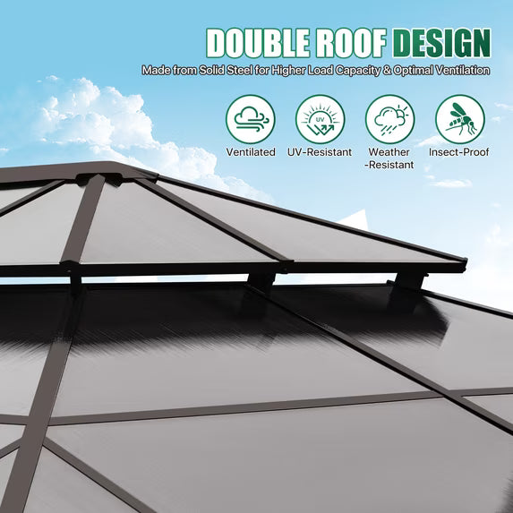 Clouddwell 12'x20' Hardtop Gazebo - Polycarbonate Double Roof with Netting & Curtains for Patio, Garden Sun Protection,Brown