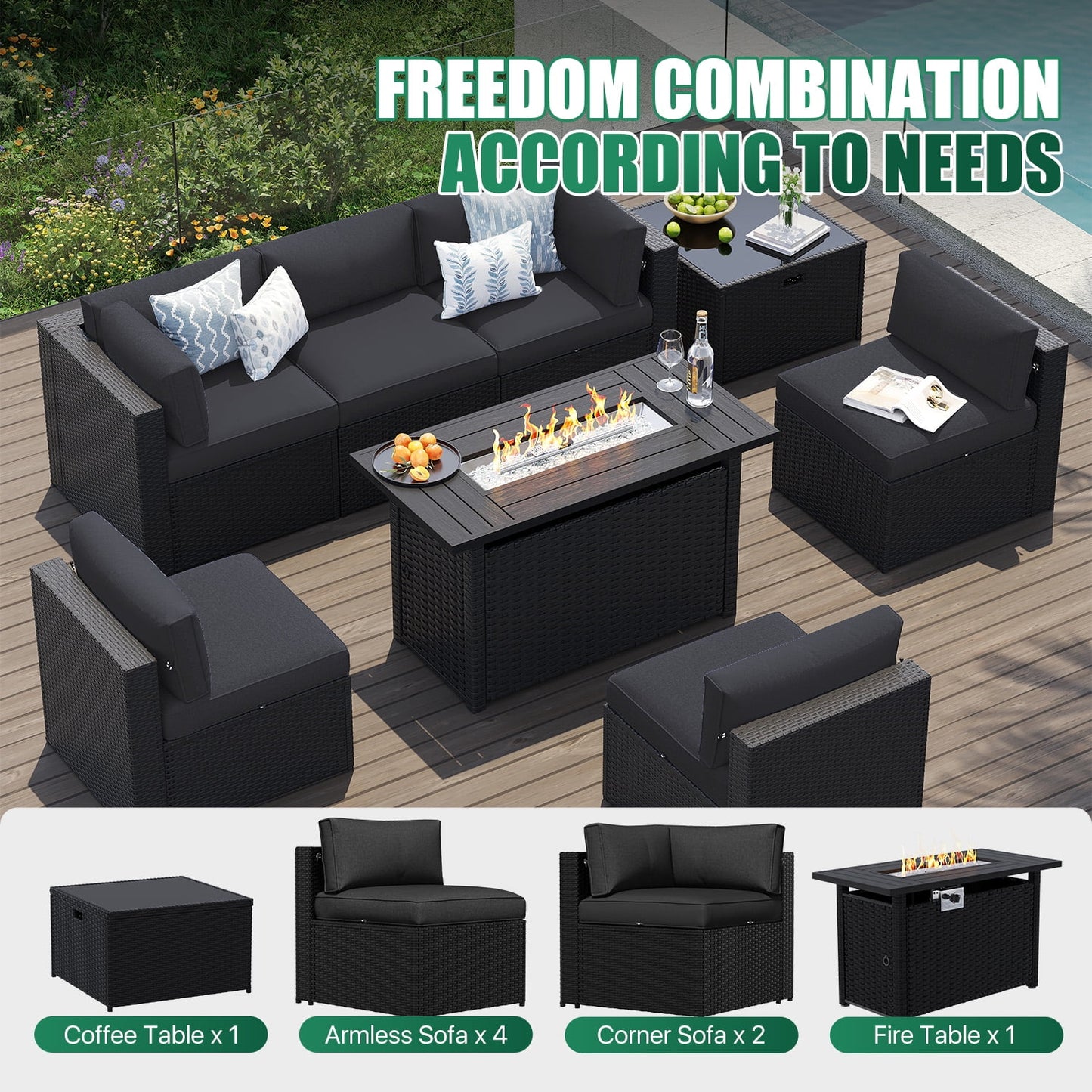 Clouddwell 8-Piece Patio Furniture Set With Fire Table On Sale, Black Rattan Wicker Outdoor Sectional Sofa Couch with Table Patio Conversation Set for Lawn& Backyard,Black