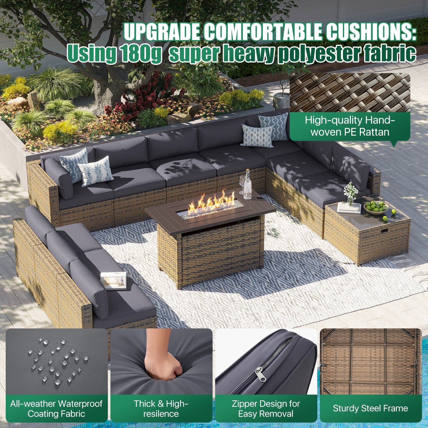 Clouddwell 12 Piece Patio Furniture Set with 44” Fire Pit Table Wicker Rattan Patio Conversation Set Outdoor Sectional Sofa Set with Coffee Table and Gray Cushions (Waterproof Cover Included)