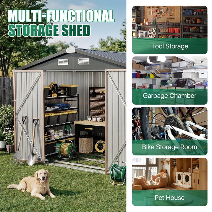 Clouddwell 8x6 ft. Outdoor Storage Shed with Base, Brown Metal Garden Shed with Double Lockable Doors for Backyard, Patio