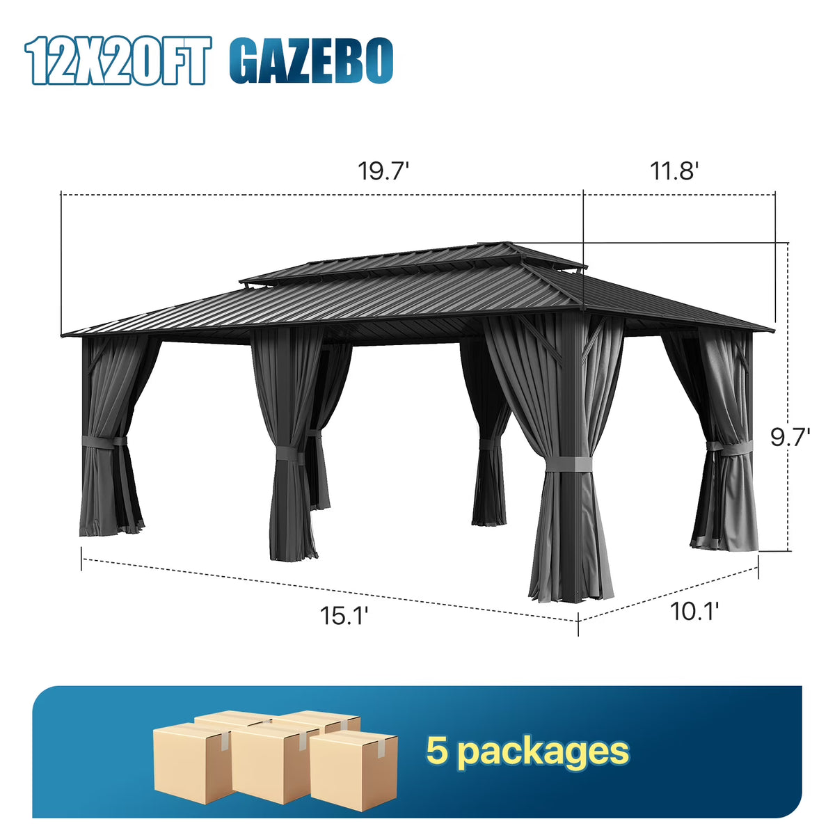 Sunmthink 12' x 20' Hardtop Gazebo with Mosquite Netting, Double Metal Roof for Lawn and Garden, Gray