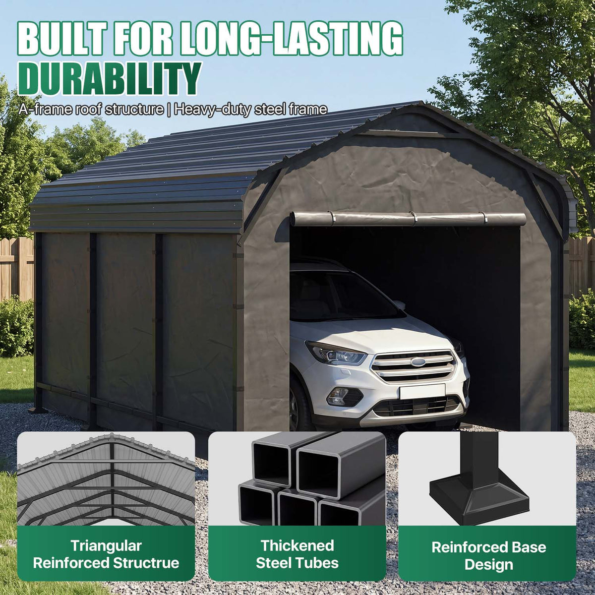 Clouddwell 10x15FT Heavy Duty Metal Carport, Carport Canopy with Sidewalls, Enclosed Car Garage, Outdoor Storage with Reinforced Frame & Galvanized Roof, Garage Shelterf for Car, Pickup, Truck, Boat