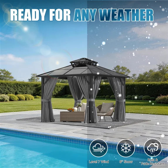 Sunmthink 10' x 12' Hardtop Gazebo,Polycarbonate Double Roof,Aluminum Frame with Curtains and Netting for Patio,Garden,Gray