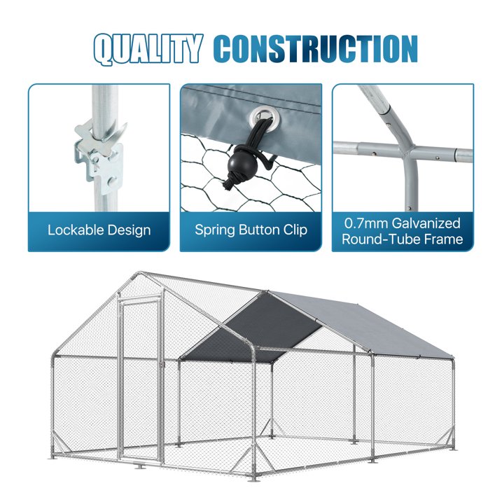 Sunmthink Heavy Duty Metal Chicken Coop Poultry Cage, Large Outdoor Yard Walk-in Enclosure with Waterproof Flat Roof Cover (9.8' L x 13.1' W x 6.4' H)