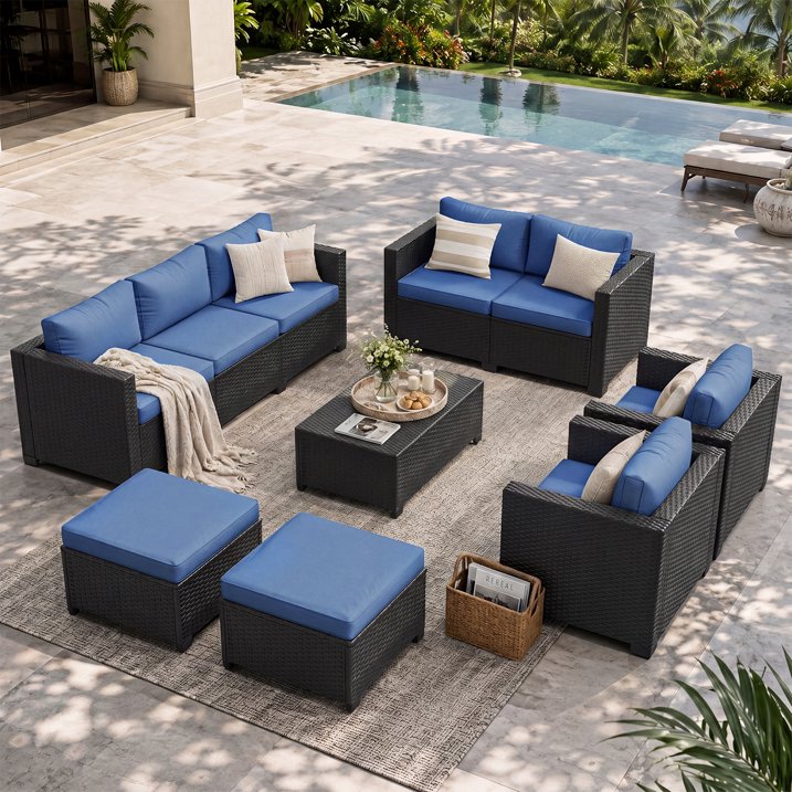 Clouddwell 9 Seats Patio Furniture Set with Storage Coffee Table, All Weather Wicker Outdoor Sectional With Thickened Cushion and Waterproof Cover, Blue