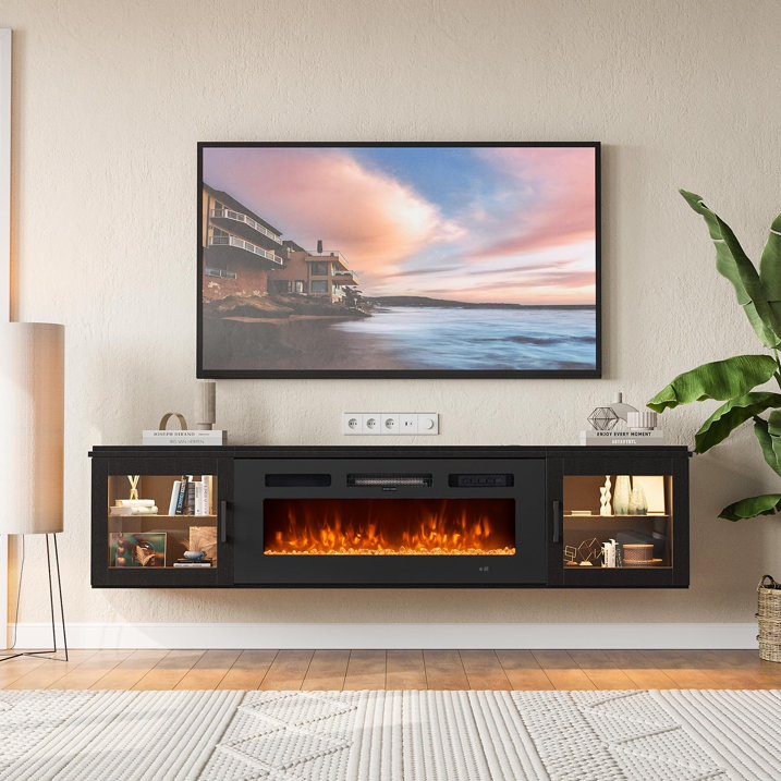 Sunmthink Floating TV Stand with 36" Electric Fireplace, High Gloss Finish Wall Mounted Fireplace Entertainment Center with Storage for TVs Up to 80", Black
