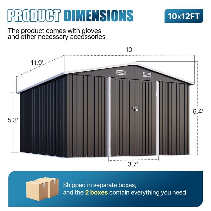 Clouddwell 10 x 12FT Shed Outdoor Storage Shed with Double Hinged Large Door, Large Metal Shed with Lockable Door & Sloped Roof for Garden, Backyard, Patio and Backyard, Black