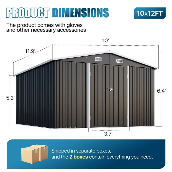 Clouddwell 10 x 12FT Shed Outdoor Storage Shed with Double Hinged Large Door, Large Metal Shed with Lockable Door & Sloped Roof for Garden, Backyard, Patio and Backyard, Black