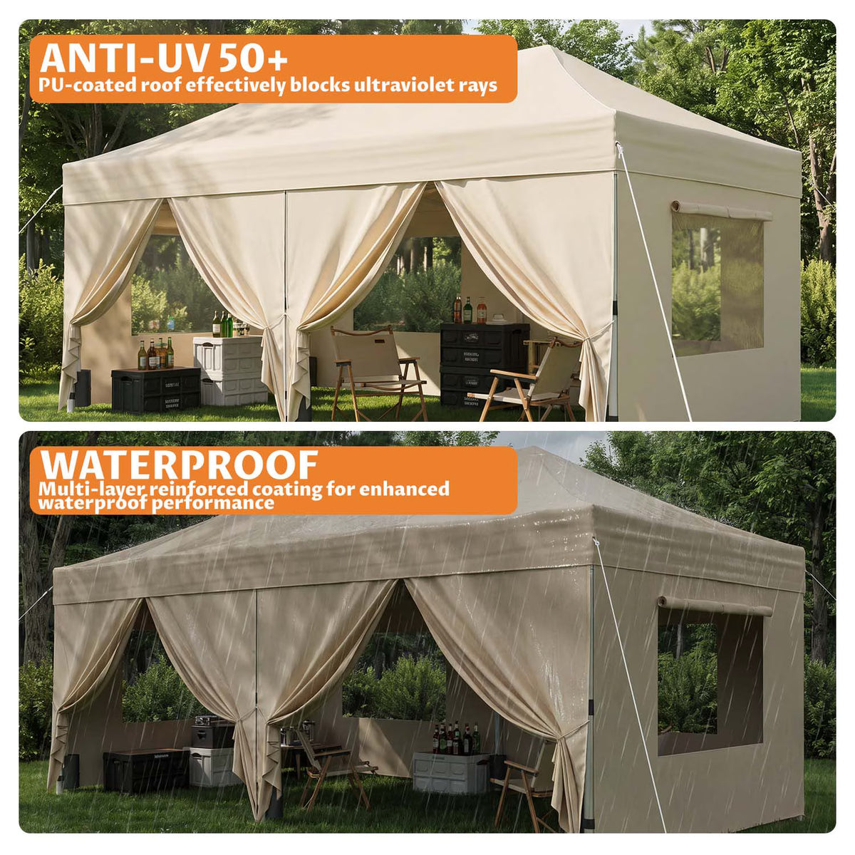 Dateyes 10x20 FT Pop Up Canopy with Mesh Window Sidewalls, Portable Ez Setup Heavy Duty Canopy Tent with Sandbags, Instant Shelter for Outdoor Event, Party, Commercial, Beige