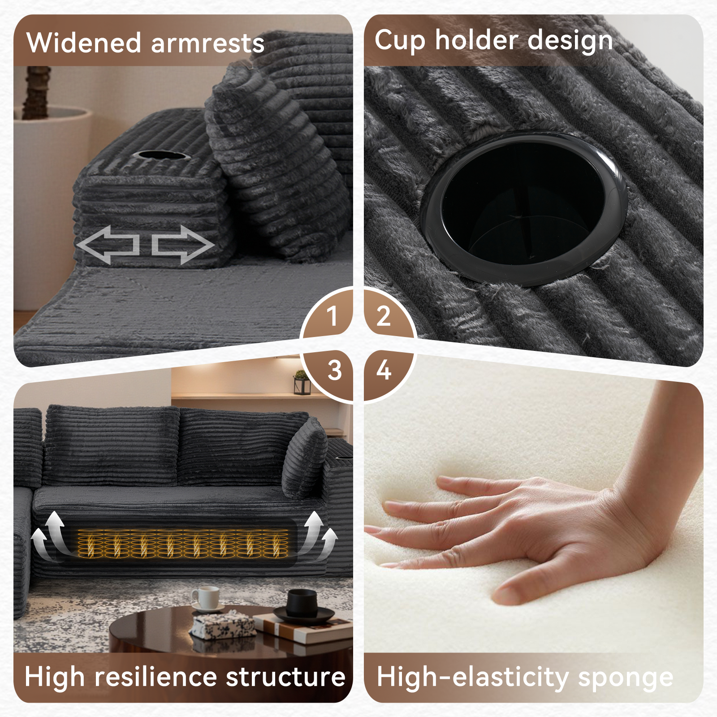 Sunmthink Cloud Couch Corduroy Modular Sectional Sofa L-Shape Boneless Couch with Wide Armrests and Cup Holders for Living Room Bedroom, No Assembly Required (Black)