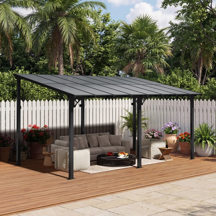 Clouddwell 16'x 10' Wall-Mounted Gazebo Pergola with Aluminum Top Frame & Polycarbonate Panel, Large Heavy-Duty Awnings for Backyard Black