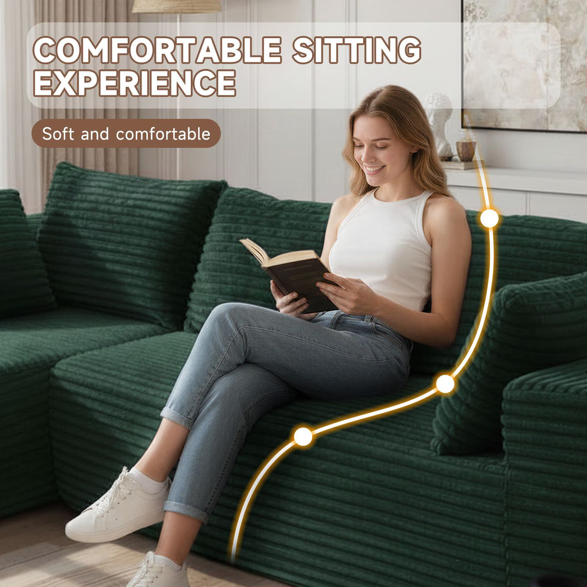 LazySunsets 103" Boneless Couch for Living Room, L-Shaped Modular Sectional Sofa with Wide Armrests and Cup Holders, Corduroy Cloud Cuch No Assembly, Green