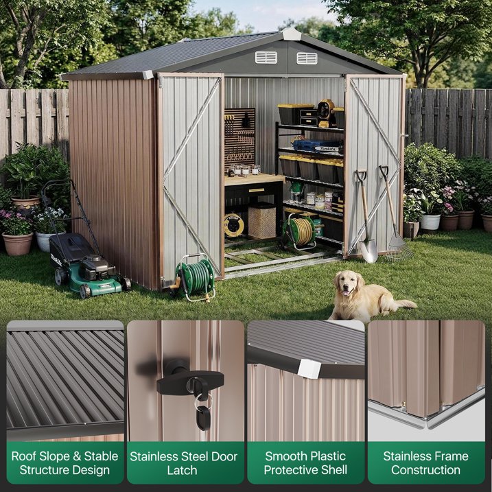 Clouddwell 8x6 ft. Outdoor Storage Shed with Base, Brown Metal Garden Shed with Double Lockable Doors for Backyard, Patio