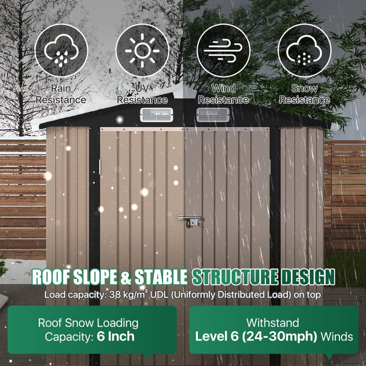 Clouddwell 6.2x4ft Galvanized Steel Storage Shed with Floor & Double Doors - Brown