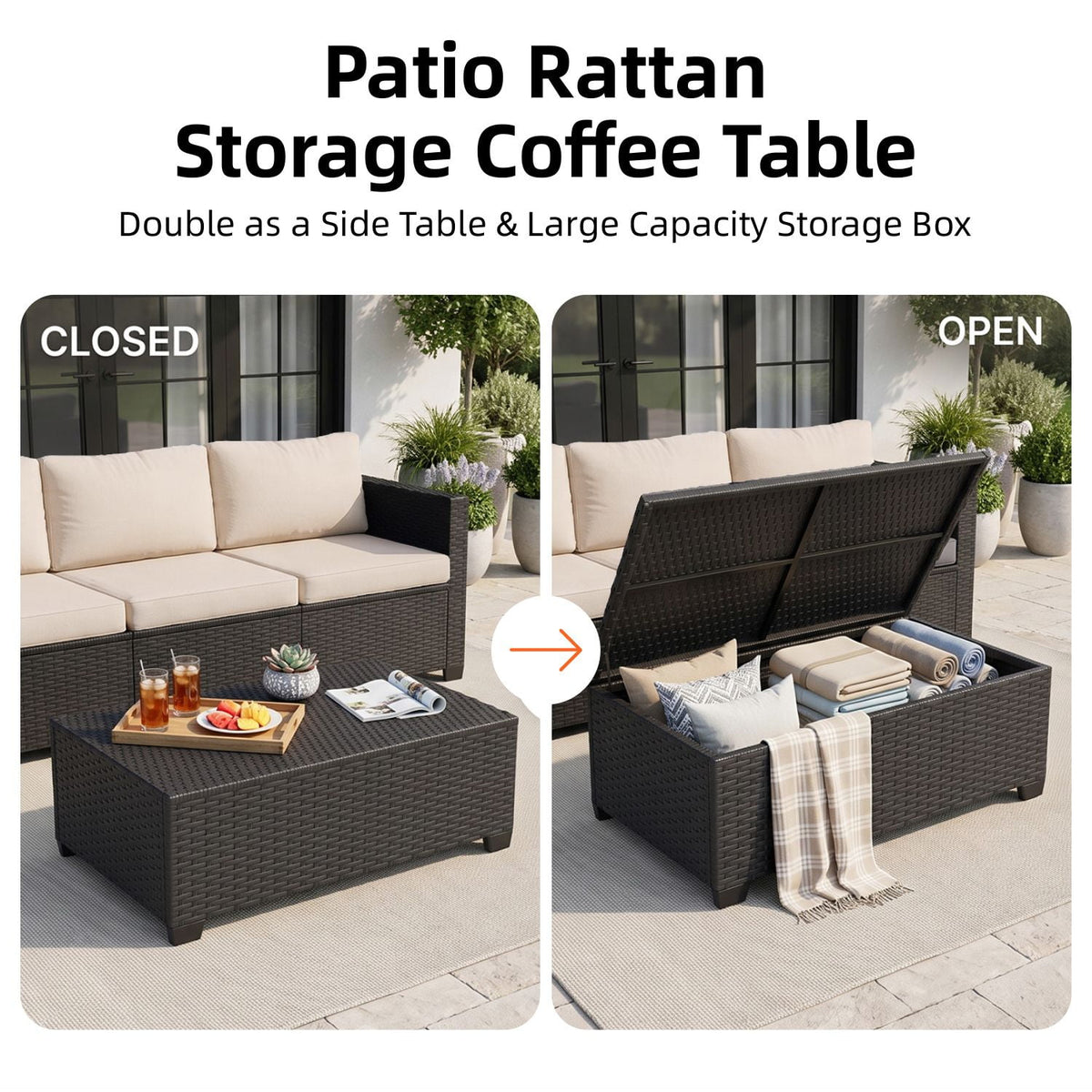 Dateyes 9 Seats Patio Furniture Set, Rattan Wicker Outdoor Conversation Sectional Sofa Set with Storage Coffee Table and Waterproof Cover,Beige