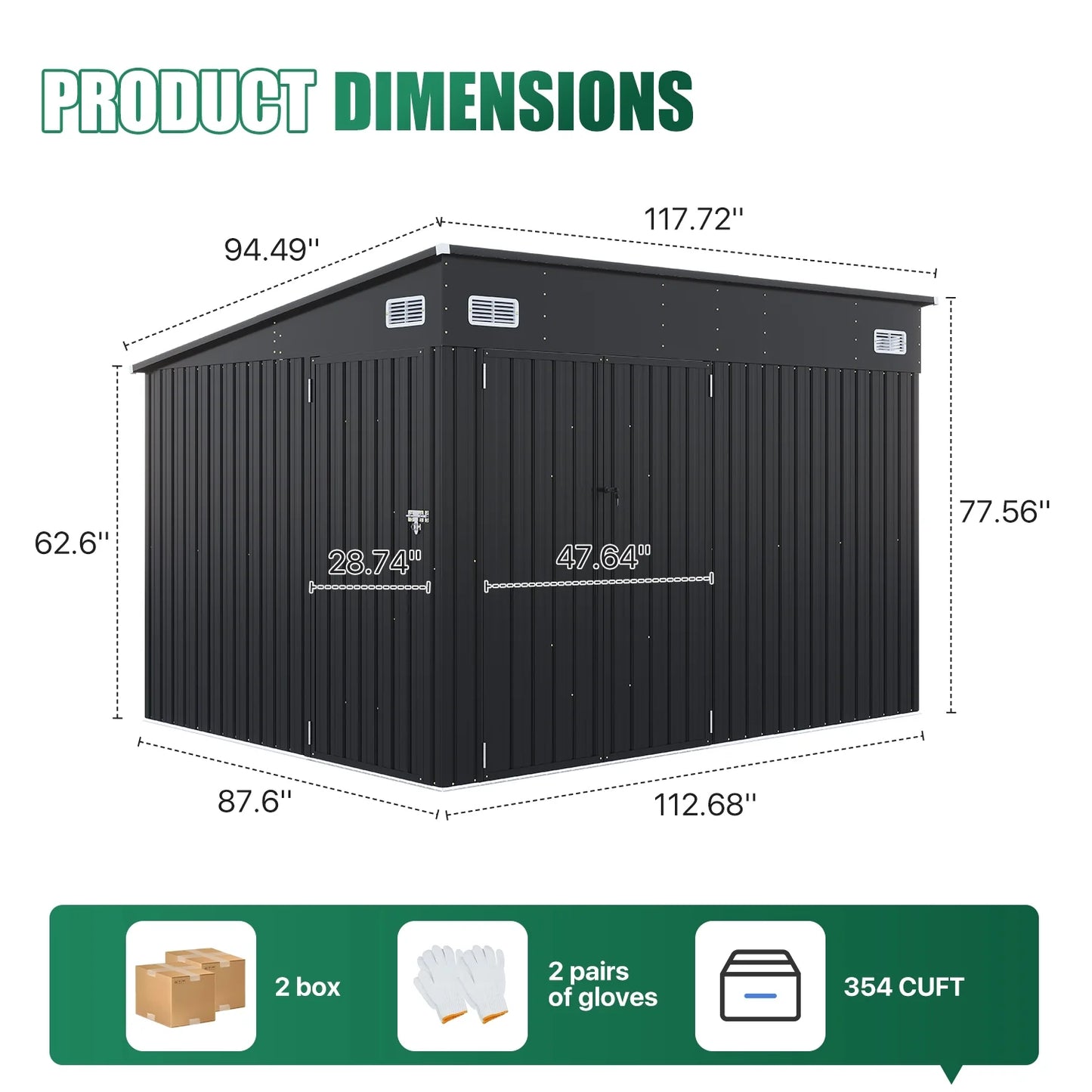 Clouddwell 10ft x 8ft Heavy-Duty Metal Storage Shed with 3 Doors, Lockable Lean-To Design, Weatherproof for Garden & Tools (Black)