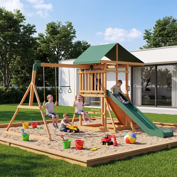 Clouddwell Wooden Backyard Swing Set, Outdoor Playset for Children Wave Slide, Double Rock Wall, Rope Ladder, Web Swing, Belt Swings, Toy Telescope, Steering Wheel