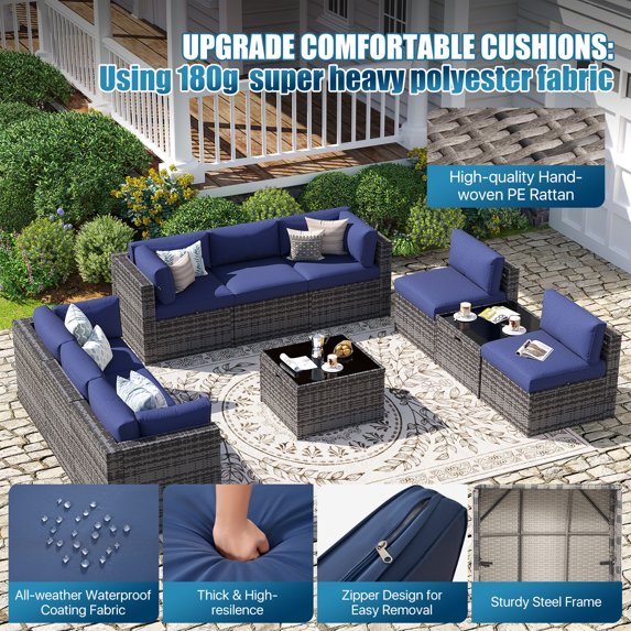 Sunmthink Patio Furniture Sets, 10-Piece Outdoor Patio Furniture with Thick Cushions, Wicker Outdoor Conversation Set and Waterproof Cover for Backyard, Poolside, Garden