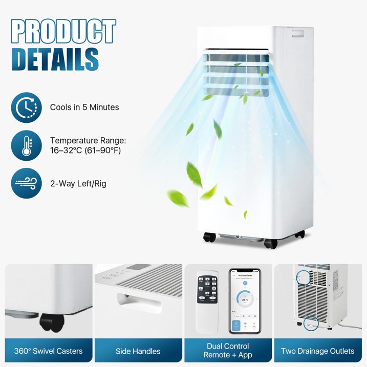 Sunmthink 10000 BTU 4-in-1 Smart Portable Air Conditioner, Standing Cooling Unit with APP & Remote Control, Cooling, Dehumidifier & Fan Functions, 55dB Quiet Operation for Bedroom & Indoor Spaces