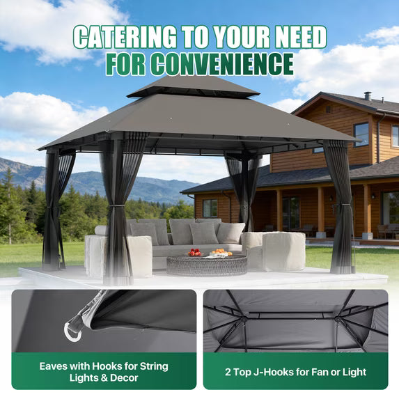 LazySunsets 12'x 10' Patio Gazebo Double Roof Protection All-Weather Outdoor Shelter Features Insect Screens for Backyard, Lawn, (Gray)