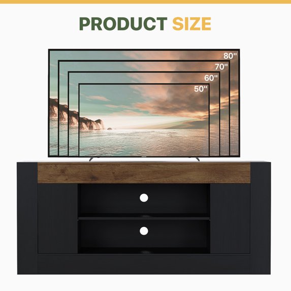 Sonergra Two‑Tone Modern Farmhouse TV Stand for TVs up to 80 Inch 70 Inch Wood Entertainment Center with Cabinets Open Shelves and Cable Holes for Living Room,Black