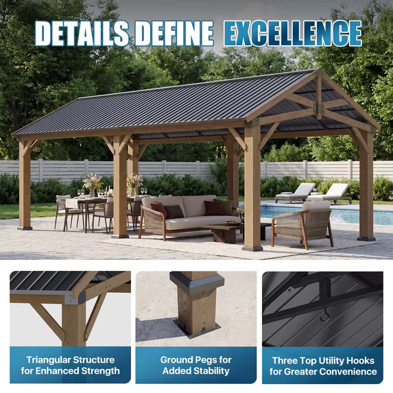 Sunmthink 12' x 24' Wood Frame Gazebo, Hardtop Gazebo with Galvanized Steel, Permanent Wooden Pavilion for Patio Backyard Lawn Garden