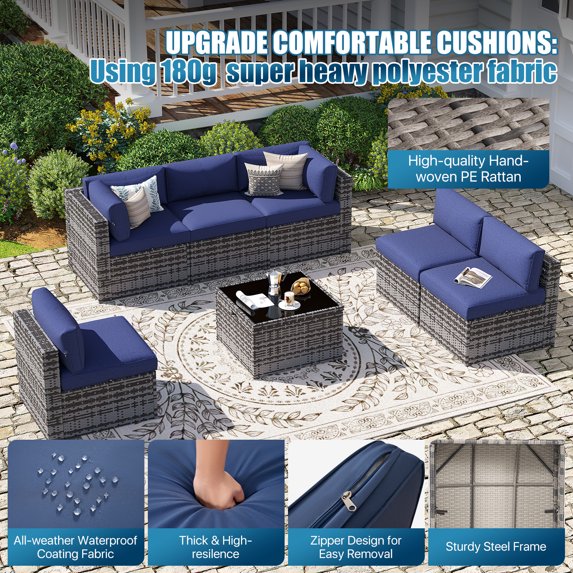 Sunmthink Patio Furniture Sets, 7-Piece Outdoor Patio Furniture with Thick Cushions, Wicker Outdoor Conversation Set and Waterproof Cover for Backyard, Poolside, Garden